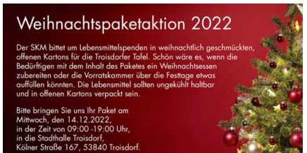 2022 Tafel Weihnachtspaketaktion Handzettel (c) SKM Troisdorf / Troisdorfer Tafel