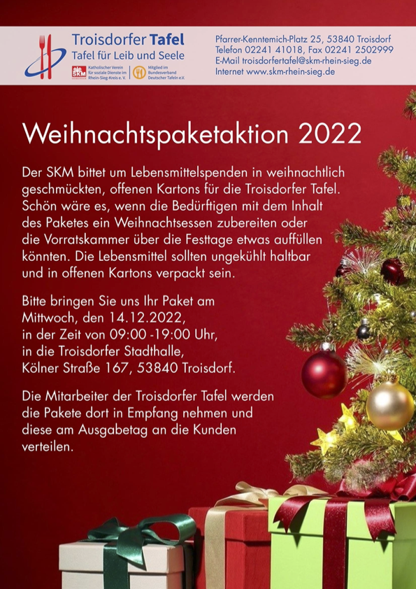 2022 Tafel Weihnachtspaketaktion Plakat (c) SKM Troisdorf / Troisdorfer Tafel